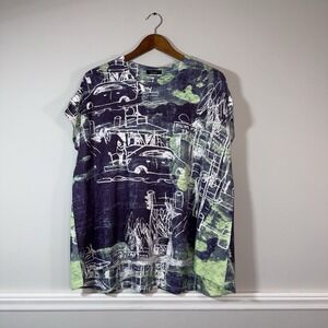 INOAH Art To Wear Abstract Short Sleeve Knit Blouse Womens Sz S Artsy Boho